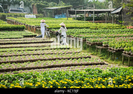 Deux filles de l'école avec l'ao dai (vêtements traditionnels vietnamiens) uniforme dans un jardin à sa dec, Dong Thap, Vietnam. Banque D'Images