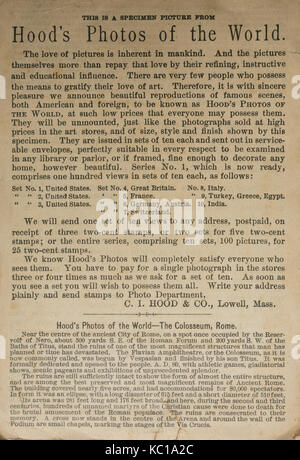 Carte publicitaire américaine de la fin du XIXe siècle, Hood's photos of the World montrant le dos d'un spécimen de la Colloseum à Rome, en italie, avec des informations sur la photographie Banque D'Images