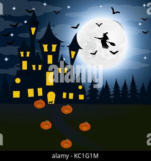 Halloween, la sorcière s maison sur la pleine lune les chauves-souris. Illustration de Vecteur