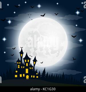 Halloween, la sorcière s maison sur la pleine lune. Illustration de Vecteur