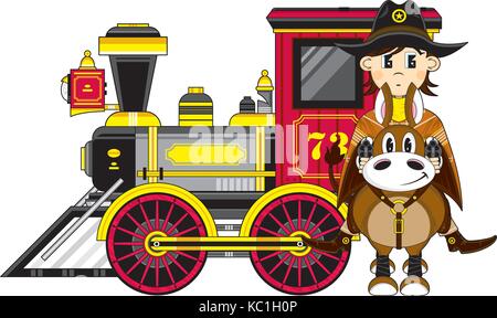 Cartoon cowboy du Wild West sur cheval avec train à vapeur Illustration de Vecteur