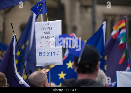 Manchester, UK. 1er octobre 2017. Une affiche de la manifestation des '# StopBrexit à Manchester, Royaume-Uni, dimanche, Octobre 1, 2017. La manifestation a eu lieu pour arrêter le processus Brexit et s'assurer que le Royaume-Uni (UK) reste un membre à part entière de l'Union européenne (UE). Credit : Jonathan Nicholson/Alamy Live News Banque D'Images