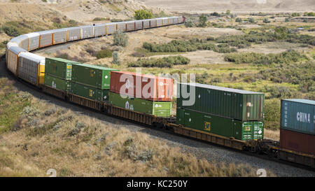 Medicine Hat, Alberta, Canada. Sep 19, 2017. une locomotive tirant un train de marchandises, y compris l'autorack (auto) wagons et conteneurs de transport intermodal, se déplace le long des voies près de Medicine Hat, Alberta. crédit : bayne stanley/zuma/Alamy fil live news Banque D'Images