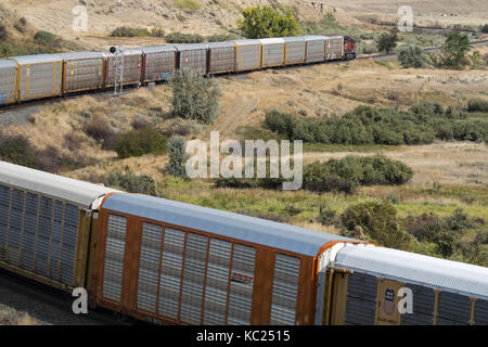 Medicine Hat, Alberta, Canada. Sep 19, 2017. une locomotive tirant un train de marchandises, y compris l'autorack (wagons porte-automobiles), se déplace le long des voies près de Medicine Hat, Alberta. crédit : bayne stanley/zuma/Alamy fil live news Banque D'Images