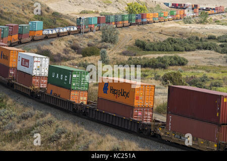 Medicine Hat, Alberta, Canada. Sep 19, 2017. Un train de marchandises du chemin de fer canadien pacifique, y compris le transport intermodal des conteneurs sur des wagons, se déplace le long des voies près de Medicine Hat, Alberta. crédit : bayne stanley/zuma/Alamy fil live news Banque D'Images