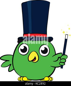 Adorable petit oiseau vert magicien personnage de dessin animé waving sa baguette magique comme ses sorts de moulages, crée l'illusion et exécute des tours, vectorcaricature Illustration de Vecteur