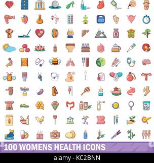 100 La santé des femmes des icons set, cartoon style Illustration de Vecteur