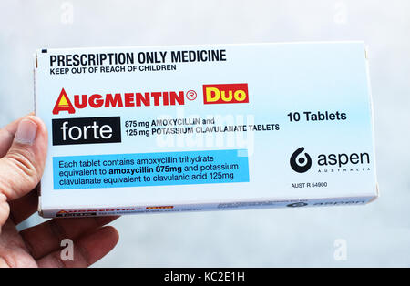 PAS DE MÉDICAMENT RÉEL, PHOTO DE STOCK UNIQUEMENT. Gros plan du médicament de prescription Augmentin Banque D'Images