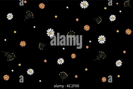 Modèle sans couture fleurs daisy herbes. champ d'impression textile fond noir décoration traditionnelle de la mode vintage illustration vectorielle de camomille. Illustration de Vecteur