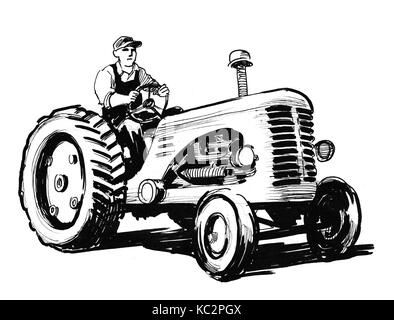 Agriculteur sur le tracteur rétro. Illustration noir et blanc Encre Banque D'Images