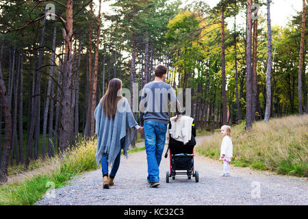 Jeune famille heureuse de prendre une marche dans un parc, vue de dos. family marcher ensemble le long chemin forrest avec leur fille, père poussant e Banque D'Images