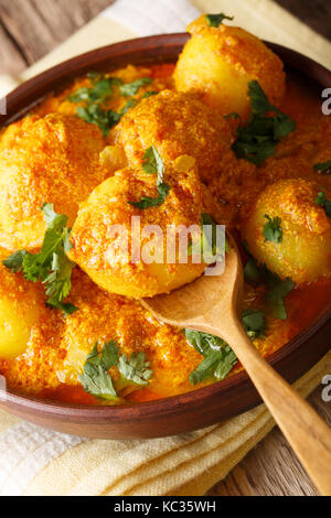 Pommes de terre frites indiennes dum aloo dans curry sauce close-up broyeur coloïdal vertical dans un bol. Banque D'Images