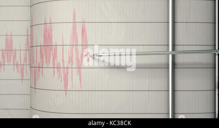 Un gros plan d'un sismographe aiguille machine dessiner une ligne rouge sur papier graphique illustrant l'activité sismique et eartquake - 3D render Banque D'Images