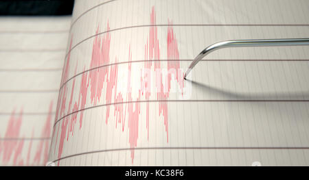 Un gros plan d'un sismographe aiguille machine dessiner une ligne rouge sur papier graphique illustrant l'activité sismique et eartquake - 3D render Banque D'Images