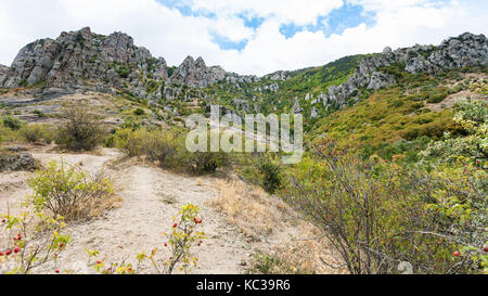 Billet à la Crimée - voir des roches altérées à demerdzhi des montagnes de la vallée des fantômes sur la côte sud de Crimée Banque D'Images