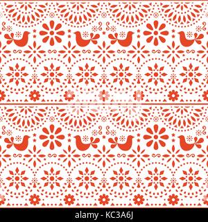 L'art populaire mexicain motif transparent vecteur avec oiseaux et fleurs, rouge fiesta design inspiré par la forme d'art traditionnel mexique Illustration de Vecteur