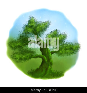 Heureux légumes verts arbre sous un ciel bleu ciel du soir (stylisé à la main paysage rond isolé sur fond blanc) Banque D'Images