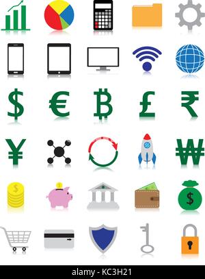 Vector facile à utiliser 30 icônes colorées avec télévision fintech réflexion y compris plusieurs devises sur fond blanc en impliquant la technologie financière Illustration de Vecteur