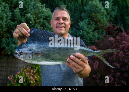 Angler Mark Padfield qui ont pris les premiers poissons dauphins dans les eaux britanniques, à partir de la plage de Chesil dans le Dorset. Le poisson n'est pas indigène à la France eaux. Banque D'Images