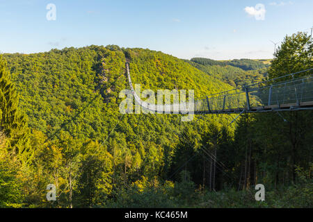 Le hängeseilbrücke geierlay geierlay (suspension bridge) est un pont dans la région de Hunsrück de moyenne montagne de l'Allemagne. Il a été ouvert en 2015. Il ha Banque D'Images