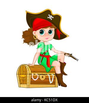 Pirate fille. fille en costume de pirate assis sur un coffre au trésor. Illustration de Vecteur