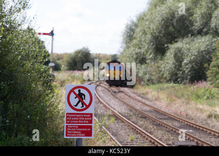 Un sable db cargo train à helsby railway station hsb tiré par une locomotive diesel de la classe 66 Banque D'Images