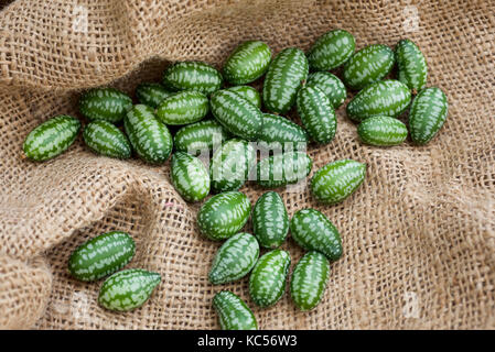 Cucamelon fruits, également connu sous le nom de cornichons aigre mexicain Mexicain, concombres Melothria scabra, ou sur un sac de toile de jute, contexte Banque D'Images