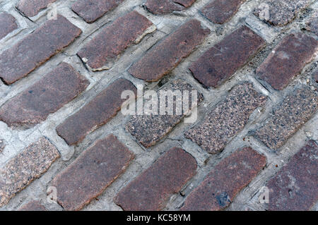 Close-up de pavés rectangulaires (setts) sur une rue pavée de la vieille ville de Montréal, Québec, Canada Banque D'Images