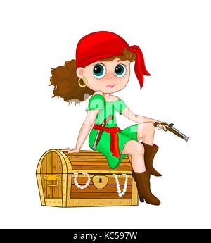 Petite fille en costume pirate. Fille d'un pirate assis sur un coffre au trésor. Illustration de Vecteur