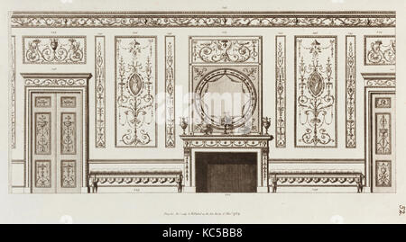 Dessins et estampes, Print ; ornement et d'architecture, de design d'intérieur de mur avec porte, cheminée, panneaux et bancs Banque D'Images