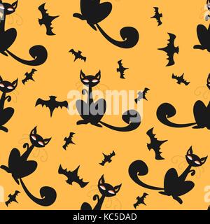 Motif de chats halloween transparent et les chauves-souris en noir, fond orange traditionnel. bon pour impression textile, web, papier, emballage, tissu, de fonds Illustration de Vecteur