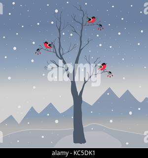 Arbre d'hiver avec peu de petits fruits et d'oiseaux rouge sur un fond de montagnes à froid et sombre ciel neige saison enneigée. nature paysage naturel. vec Illustration de Vecteur