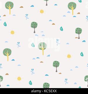 L'été simple motif transparent avec arbres, soleil, gouttes de pluie, des fleurs, des baies. vector illustration Illustration de Vecteur