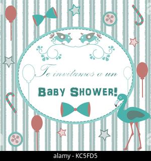 Conception de cartes d'invitation de douche de bébé avec Flamingo, ballons de fête, Candy, bow, boutons, etc. langue espagnol 'nous vous invitons à la douche de bébé Bébé sh. Illustration de Vecteur