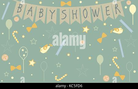 Fête de douche de bébé conception de cartes avec des oiseaux, des ballons, des bonbons, des arcs, des boutons, etc. collection de douche de bébé. vector illustration Illustration de Vecteur