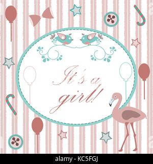Avis de naissance bébé fille.. carte d'invitation de douche de bébé mignon oiseau flamant rose annonce l'arrivée d'une petite fille. retro design carte rose backg. Illustration de Vecteur