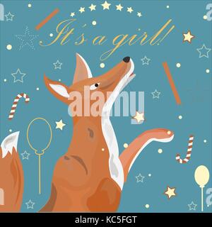 Avis de naissance bébé fille. cute fox annonce l'arrivée d'une petite fille. vector illustration Illustration de Vecteur