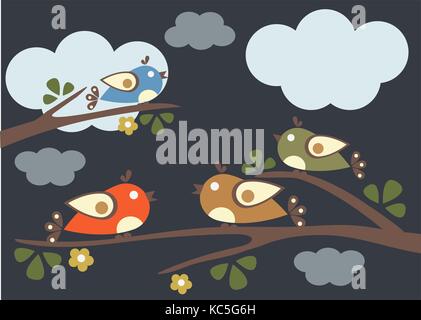 Oiseaux assis sur les branches d'arbres. vector illustration nuit Nuageux. Illustration de Vecteur