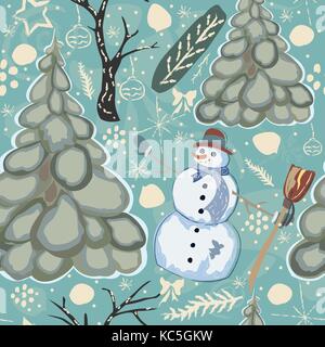 Motif d'hiver transparente colorée avec mignon bonhomme et épinettes. vector illustration Illustration de Vecteur
