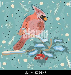 Maison de vacances hiver Carte de souhaits avec mignon oiseau cardinal dessiné à la main sur l'arbre. rowan fond bleu pastel avec des branches d'épinettes et de flocons. Illustration de Vecteur