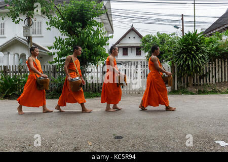 Luang Prabang, Laos - 24/09/2017 : quatre moines bouddhistes recueillir des aumônes à Luang Prabang, Laos Banque D'Images