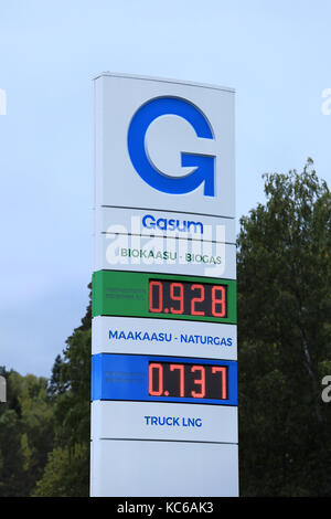 Jyvaskyla, Finlande - le 22 septembre 2017 : la station de gaz naturel Gasum signe avec le biogaz et le GNL prix comparativement aux prix de l'essence dans la région de Jyväskylä, Finlande. Banque D'Images