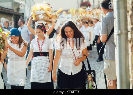 Folklore italien typique des femmes mûres célébrant la Vierge Marie de août en maintenant les céréales et sur leurs têtes des paniers de fleurs.Santo Stefano. Cammi Banque D'Images