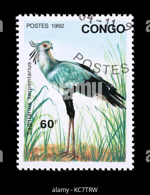 Timbre-poste de Congo représentant un oiseau (secrétaire ou secretarybird Sagittaire serpentarius) Banque D'Images