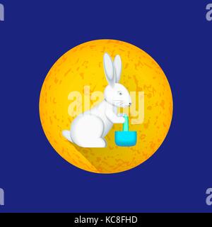 Carte postale coloré vecteur traditionnel chinois design lune lapin avec pilon élixir de vie dans le mortier et l'illustration lune jaune circle background Illustration de Vecteur