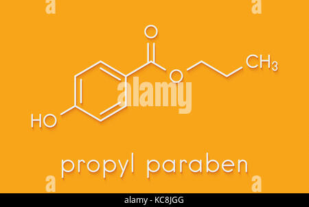 Le propyl paraben conservation. molécule utilisée dans l'alimentation et les cosmétiques. formule topologique. Banque D'Images