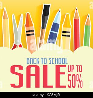 Retour à l'école vente jusqu'à 50 pour cent avec les éléments de l'école de design de promotion. Illustration de Vecteur