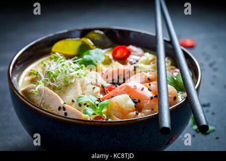 Soupe malaisienne délicieuse au poulet et aux crevettes Banque D'Images