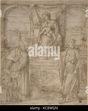 La Madone et lEnfant ont intronisé avec Saint Basile le Grand et Saint Jean le Baptiste et donateur, Niccolò dell'Abate, 1540-50 Banque D'Images