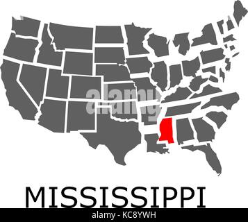 Carte géographique de la frontière usa avec état du Mississippi par la couleur rouge. Illustration de Vecteur